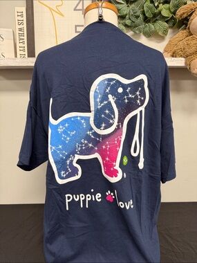 Puppie Love Women's Navy Short Sleeve Tee - Galaxy Dog Graphic